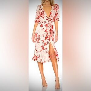 SALONI-Cream Midi Dress with Red Floral Print